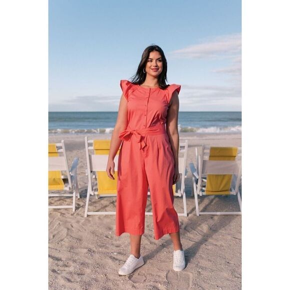 Gal Meets Glam Size 16 Saffron Flutter Sleeve Crop Jumpsuit Tie Waist PLUS - Picture 3 of 12